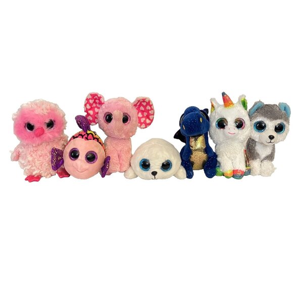 Ty Beanie Boos Plush 6" Lot of 7 Seal Husky Unicorn Fish Owl Dragon Elephant - Picture 1 of 9